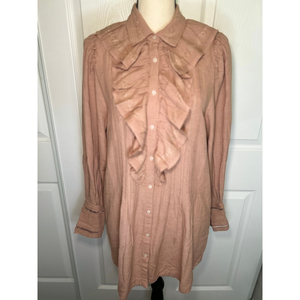 Free People Romi Mini Shirt Dress Small Pink Cashmere Ruffle Lace Boho Tunic NWT - Picture 1 of 8